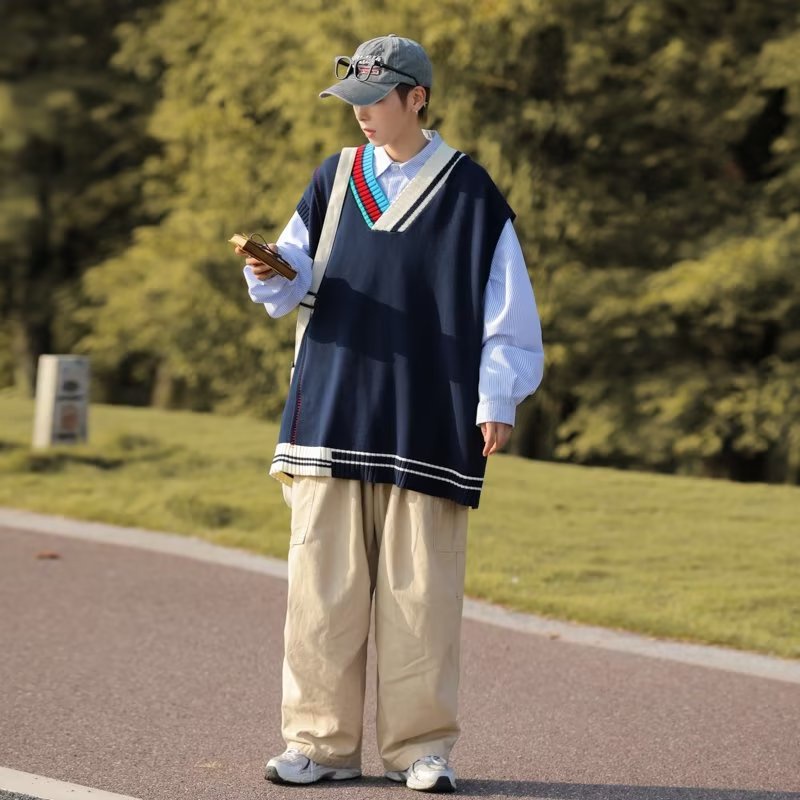 Áo Sweater Dệt Kim Sát Nách Dáng Rộng Kẻ Sọc Cổ V Kiểu Hàn Quốc Cá Tính Cho Các Cặp Đôi