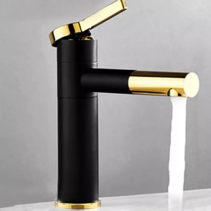 Vòi lavabo nóng lạnh bằng đồng hình trụ tròn 20cm sơn tĩnh điện đen vàng cao cấp