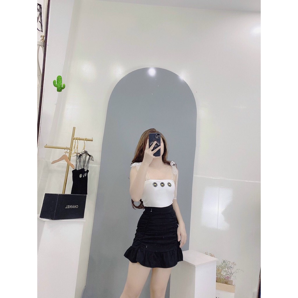 Áo 2 dây ruy băng xinh tiểu thư thêu hoa cúc pc