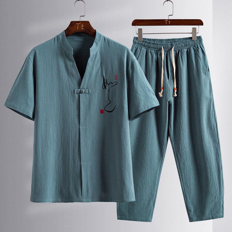 Phong cách dân tộc Hanfu nam giới trẻ và trung niên quần áo Zen bộ đồ ngắn tay bằng vải cotton lanh cổ điển Quốc thun ph