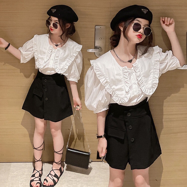 Bộ Áo Thun Ngắn Tay Cổ Bẻ Phối Chân Váy Thời Trang Mùa Hè Cho Bé Gái 5-6-7 Tuổi 8-9-10-11-12 Tuổi 13-14 Tuổi