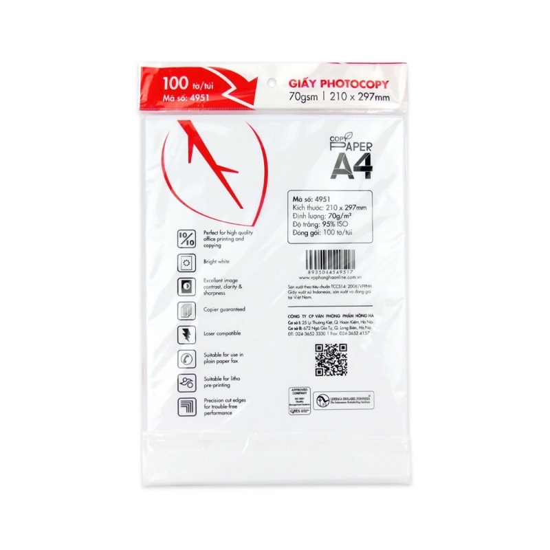 Giấy in A4 Hồng Hà Tập 100 tờ