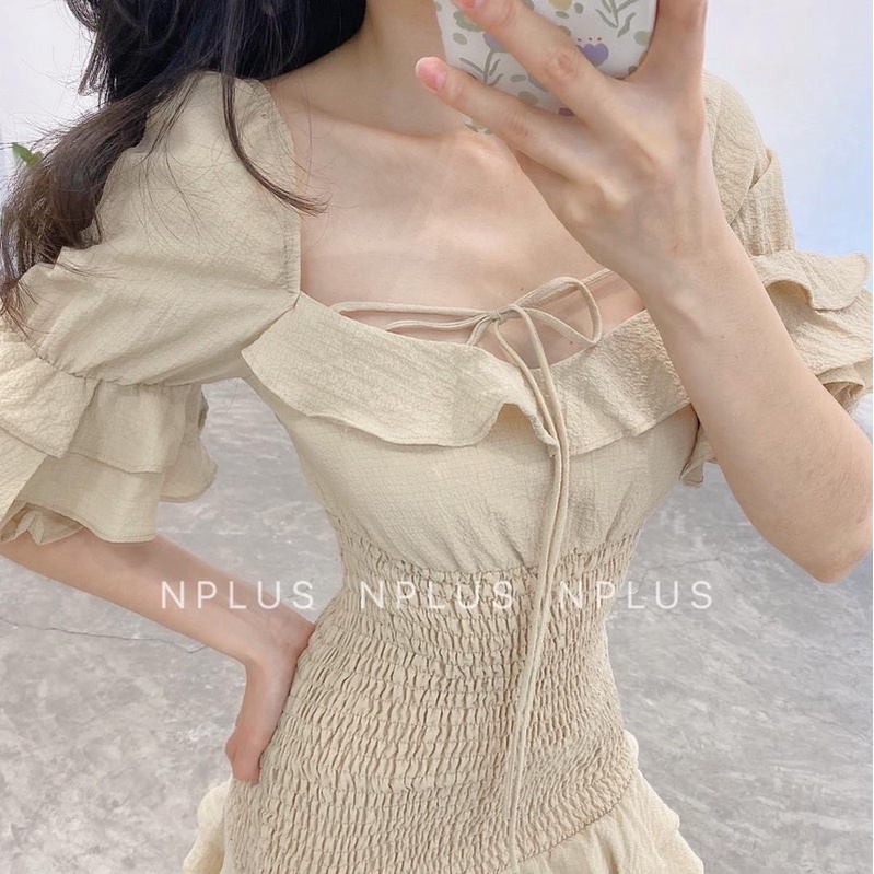 Đầm ôm body nhún bèo trễ vai