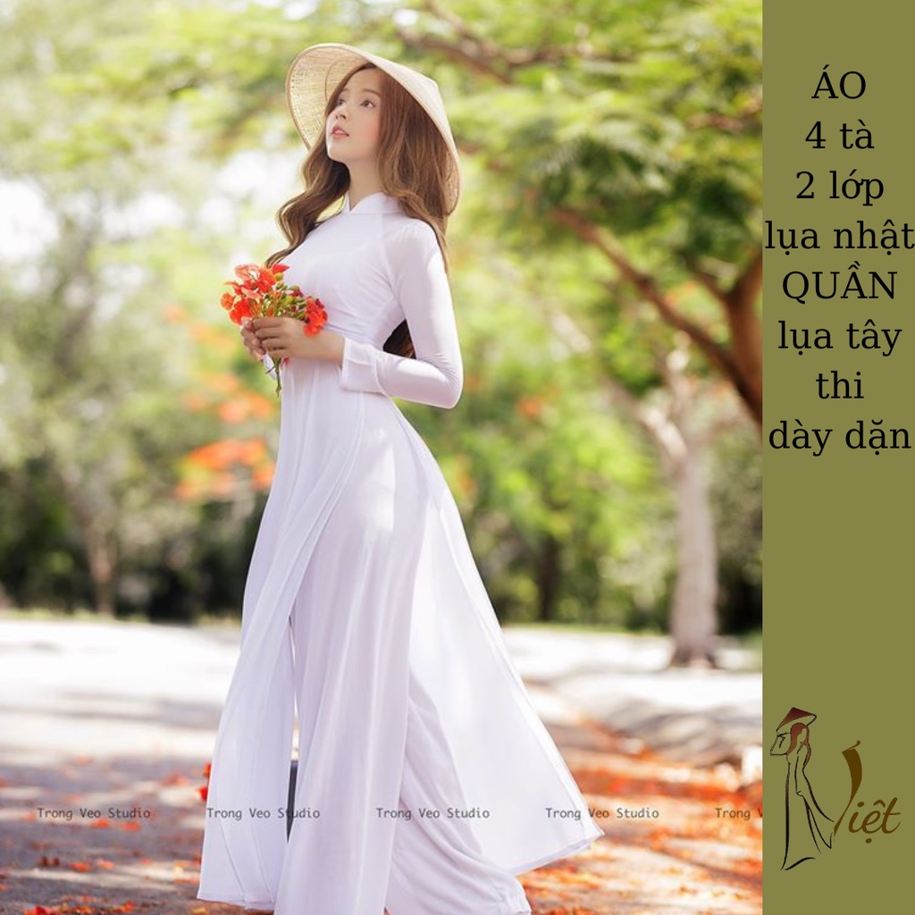 Áo dài trắng 4 tà học sinh nữ đi học truyền thống may sẵn 2 lớp lụa habutai cao cấp