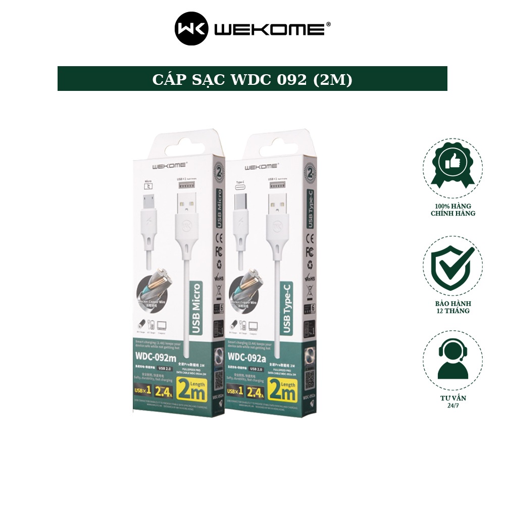 Cáp sạc nhanh 2.4A Wekome WDC-092 cổng micro, type-c, LN dài 2m