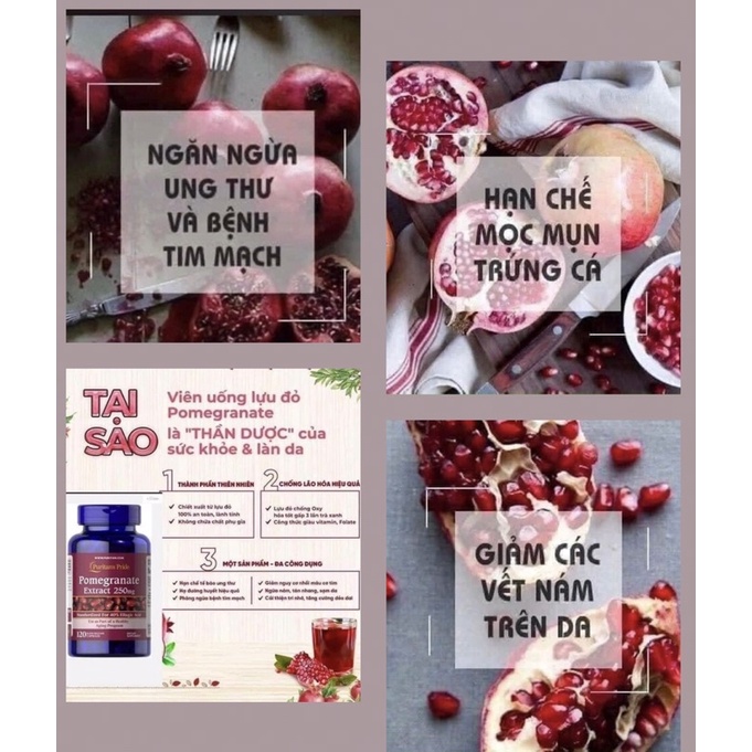Viên Uống Chống Nắng, Mờ Nám, Đẹp Da Hạt Lựu Pomegranate Extract 250mg Puritan's Pride