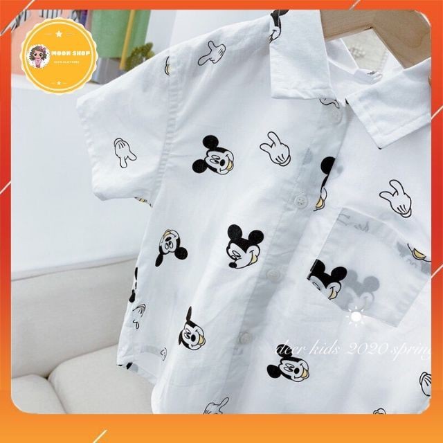 Áo Sơ Mi Cổ Bé Cho Bẻ Trai, Áo Mickey Cộc Tay Chất Đũi Sần Xuất Hàn Mềm Mại Thấm Hút Mồ Hôi