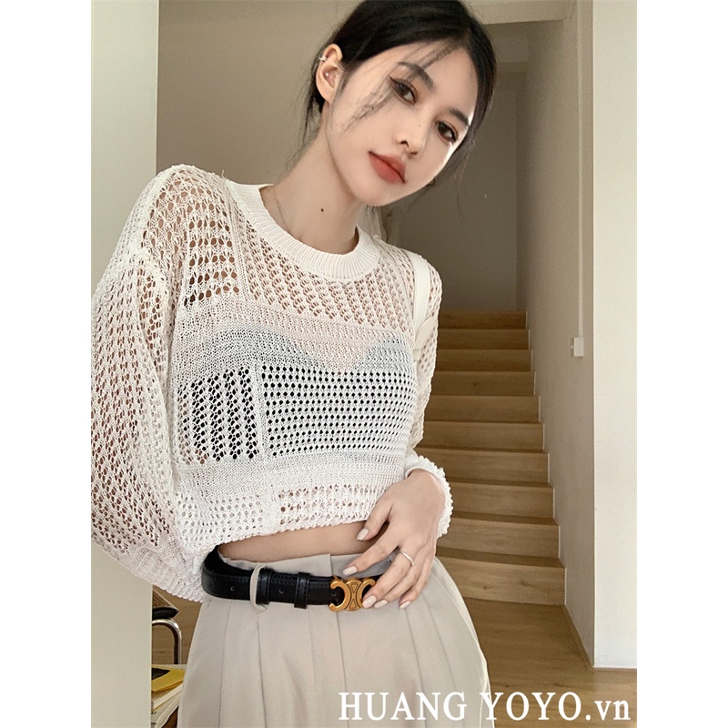 HUANG YOYO  Áo Len Dệt Kim Cổ Tròn Mỏng Thời Trang Mùa Hè Phong Cách Hàn Quốc Dành Cho Nữ