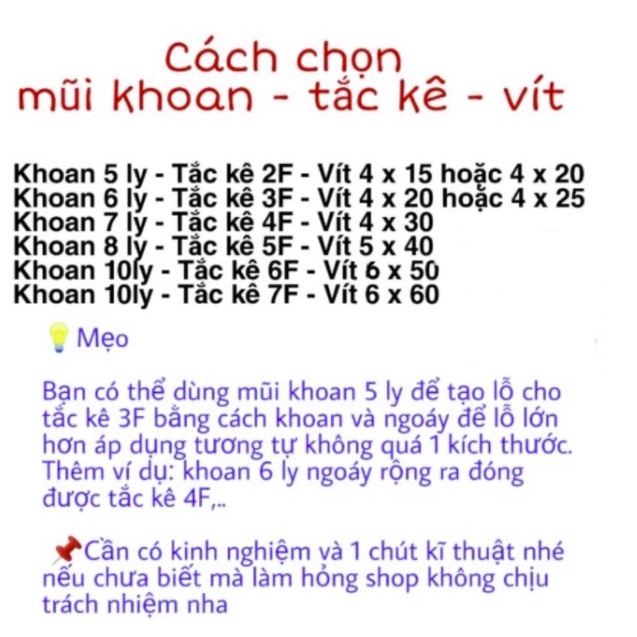 Vít bắt tắc kê nhựa 2F 3F 4F 5F 6F 7F  - Vít tắc ke - vít