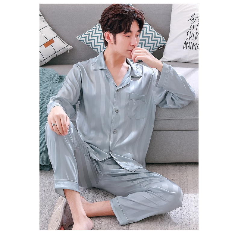 Bộ pyjama nam dài tay vải lụa satin mềm mại, thoáng mát N9371 - Thời Trang Dương