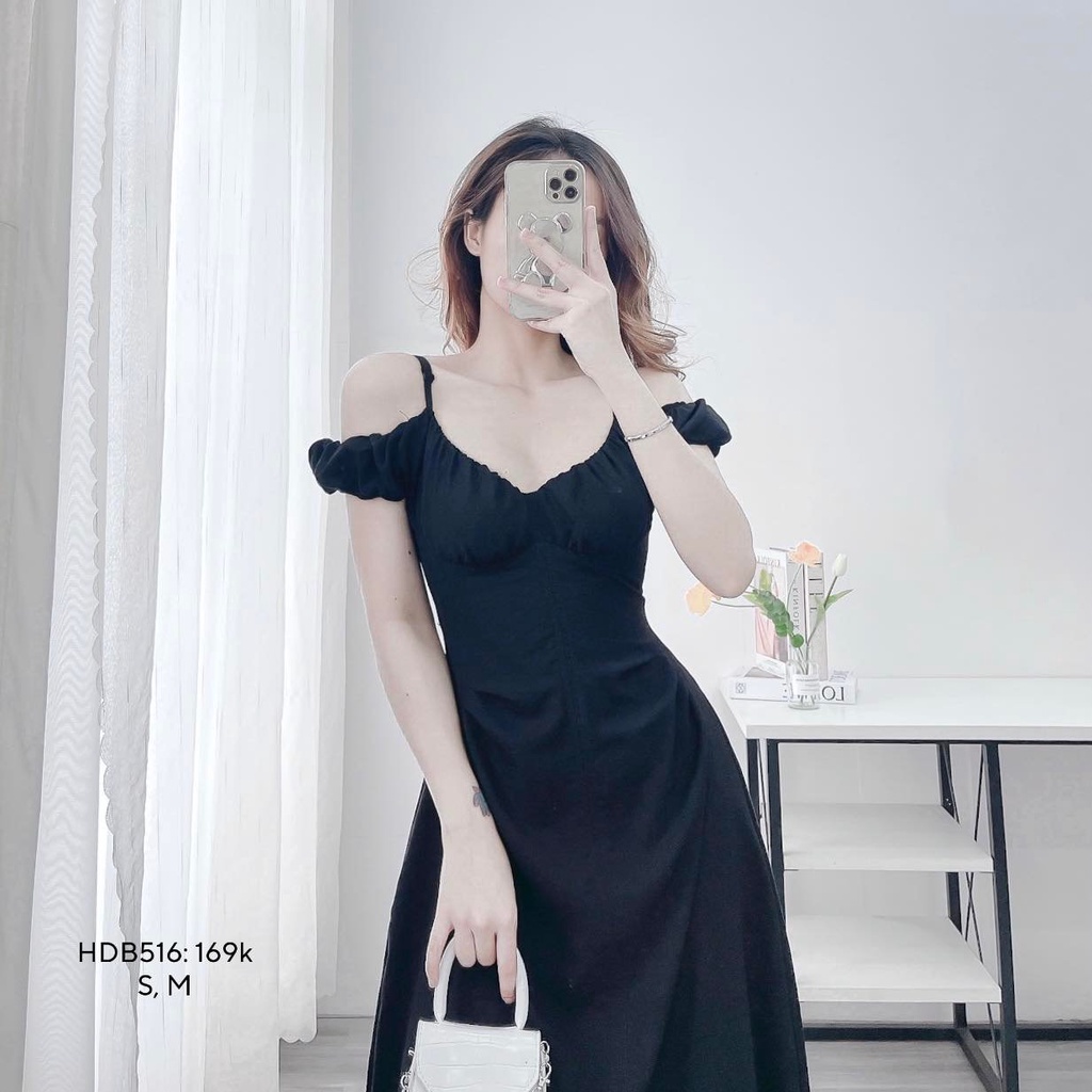 Đầm Dự tiệc Váy 2 Dây Thiết kế vai bèo nhún cúp ngực chất liệu linen CHIBEST HDB516