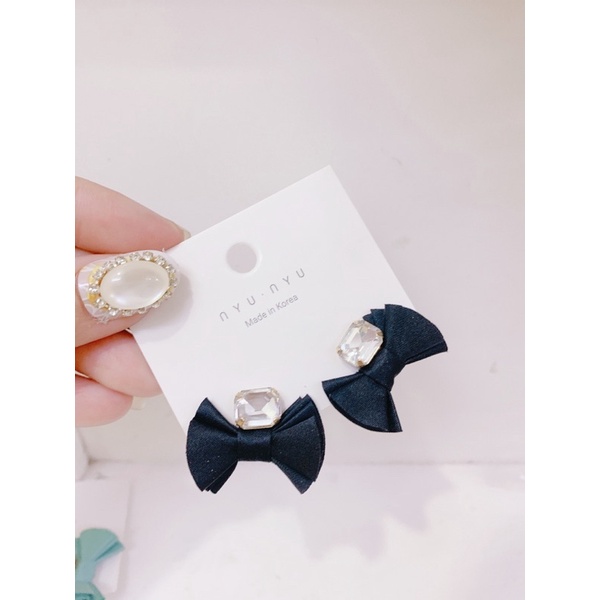 bông tai nơ vải đính đá, khuyên tai ruy băng phong cách hàn quốc