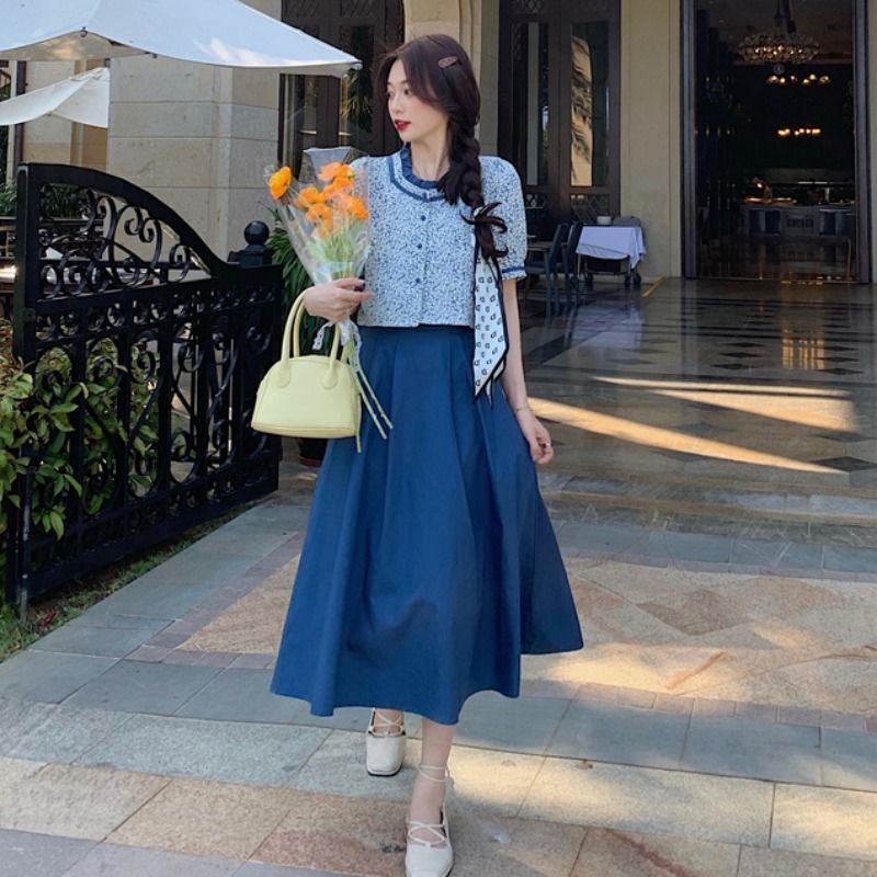 Suit Skirt Women's 2021 Summer New Korean Small Fresh Floral Bubble Sleeve Shirt + Two Piece Skirt