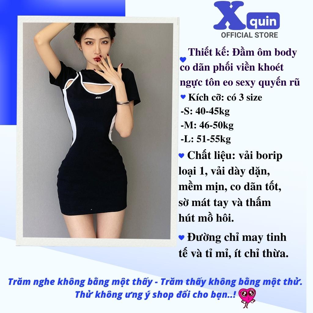 Đầm ôm body co dãn phối viền khoét ngực Xquin, Váy body tay ngắn tôn eo sexy quyến rũ
