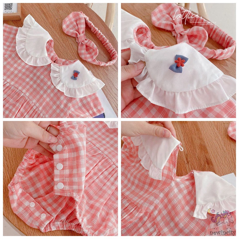 Bộ Áo Liền Quần Tay Ngắn Cổ Búp Bê Kèm Băng Đô Dễ Thương Cho Bé Gái