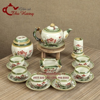 Bộ ấm chén Bát Tràng_Bộ bình trà gốc cây vẽ hoa sen men da lươn & phụ kiện