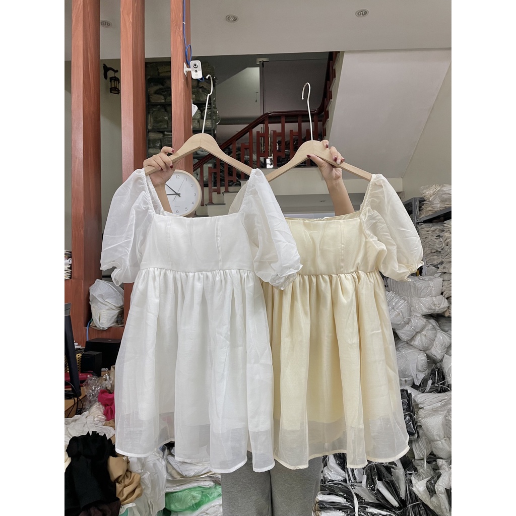 Đầm tiểu thư cổ vuông tay bồng, Váy voan nữ sang chảnh dáng xòe mặc đi chơi đi tiệc