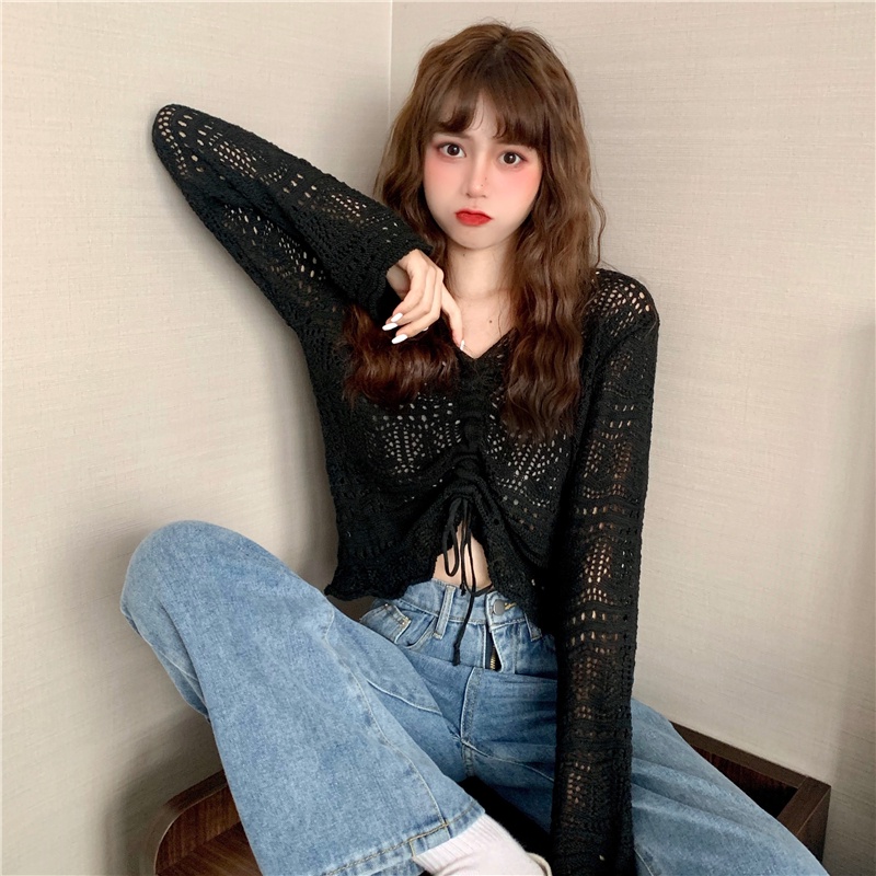 Áo Dệt Kim Tay Dài Cổ Chữ V Dáng Rộng Phối Dây Rút Thời Trang Trẻ Trung