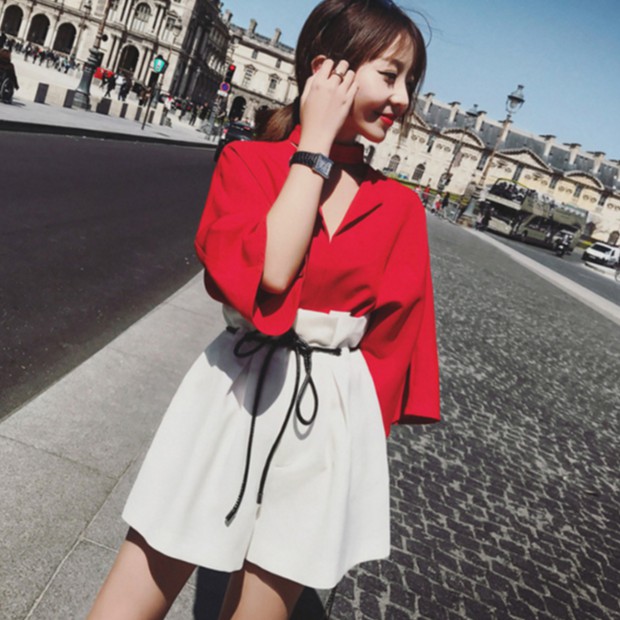 Set sơ mi choker tiểu thư và quần sooc cạp cao sang chảnh