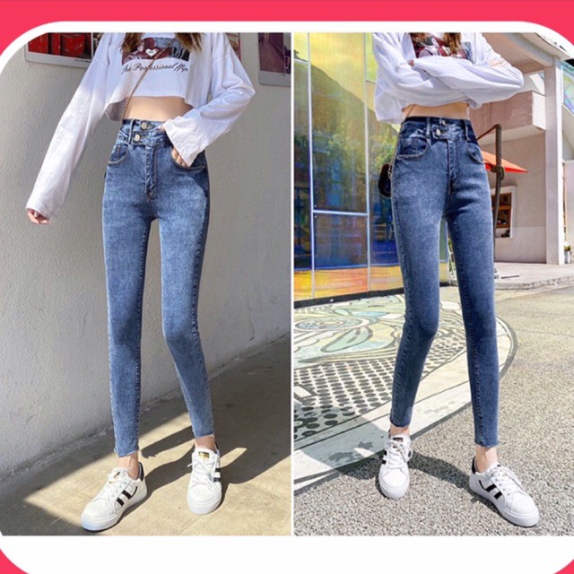 Quần Dài Jeans 2 Nút Lưng Siêu Cao Trên Rốn - Tôn Dáng Gọn Eo Bụng / Co Giãn Mạnh