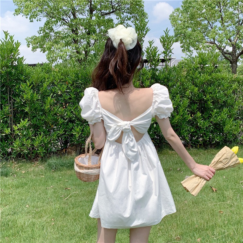 Váy nữ đầm nữ váy tiểu thư đầm tiểu thư thắt nơ lưng tay phồng chiết eo dáng xòe V01T | BigBuy360 - bigbuy360.vn