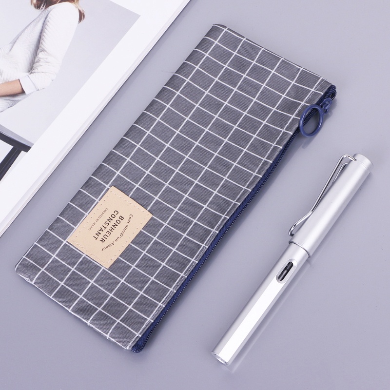 Túi Đựng Bút Bằng Vải Canvas Họa Tiết Kẻ Sọc Xinh Xắn