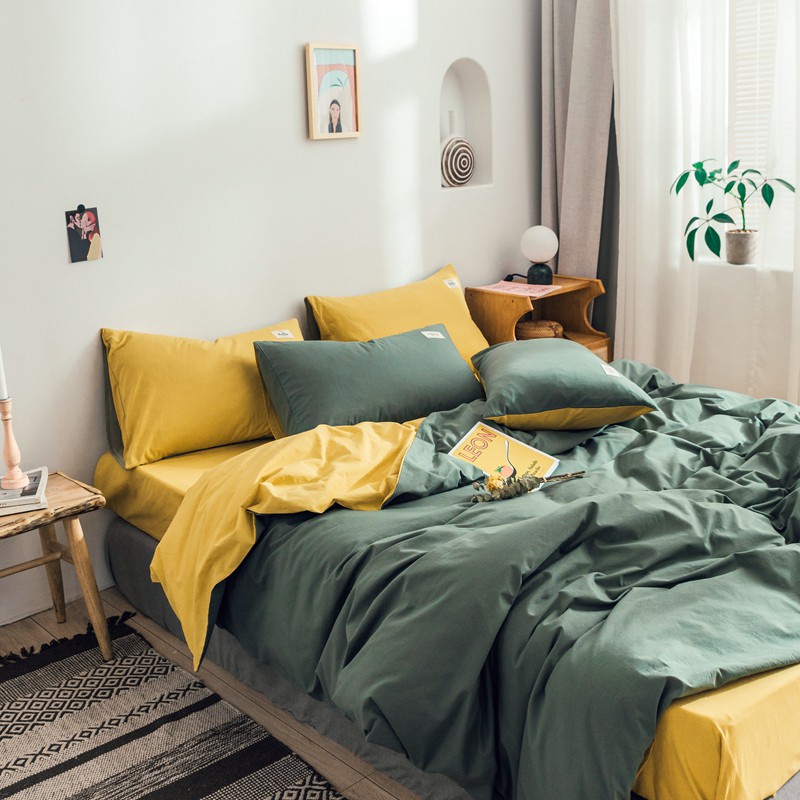 BỘ CHĂN GA GỐI COTTON TICI CAO CẤP ( CHĂN ĐÃ TRẦN BÔNG) MÀU XANH RÊU VÀNG - ĐỦ KÍCH THƯỚC