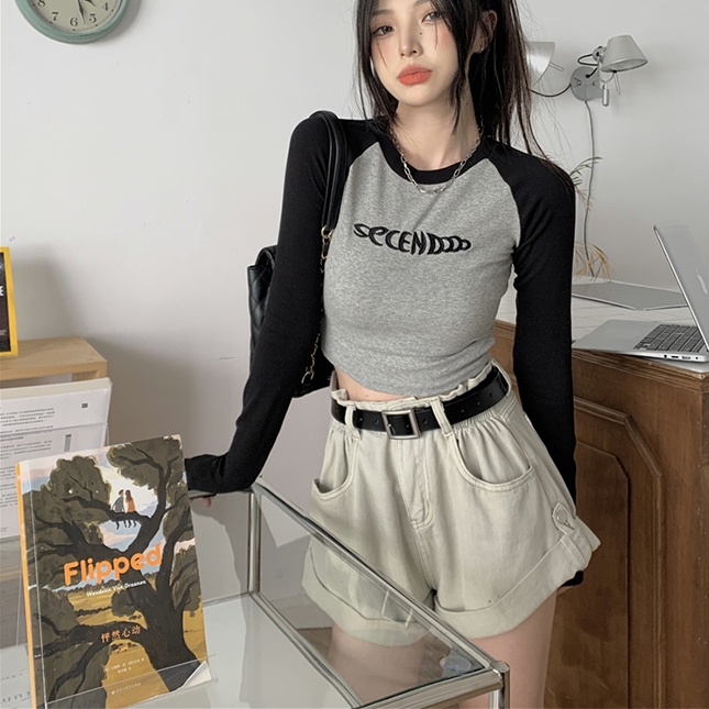 SUXI Áo Thun Tay Dài Cổ Tròn In Chữ Màu Khối Ôm Dáng Phong Cách Vintage Dễ Phối Đồ