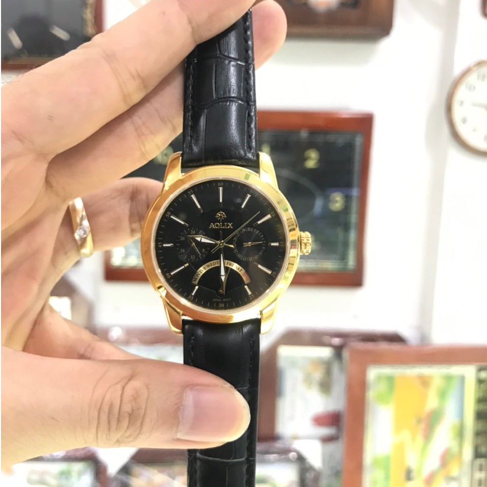 Đồng hồ nam AOLIX 7061 Dây da, mặt tím than, 6 kim, kính sapphire chống xước, chống nước tốt, full h