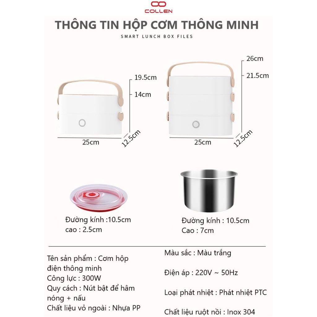 hộp cơm cắm điện văn phòng 2 tầng 4 ruột nồi inox có thể nấu ăn, giữ nhiệt, hâm nóng, hộp cơm 6in1 COLLEN LIFE