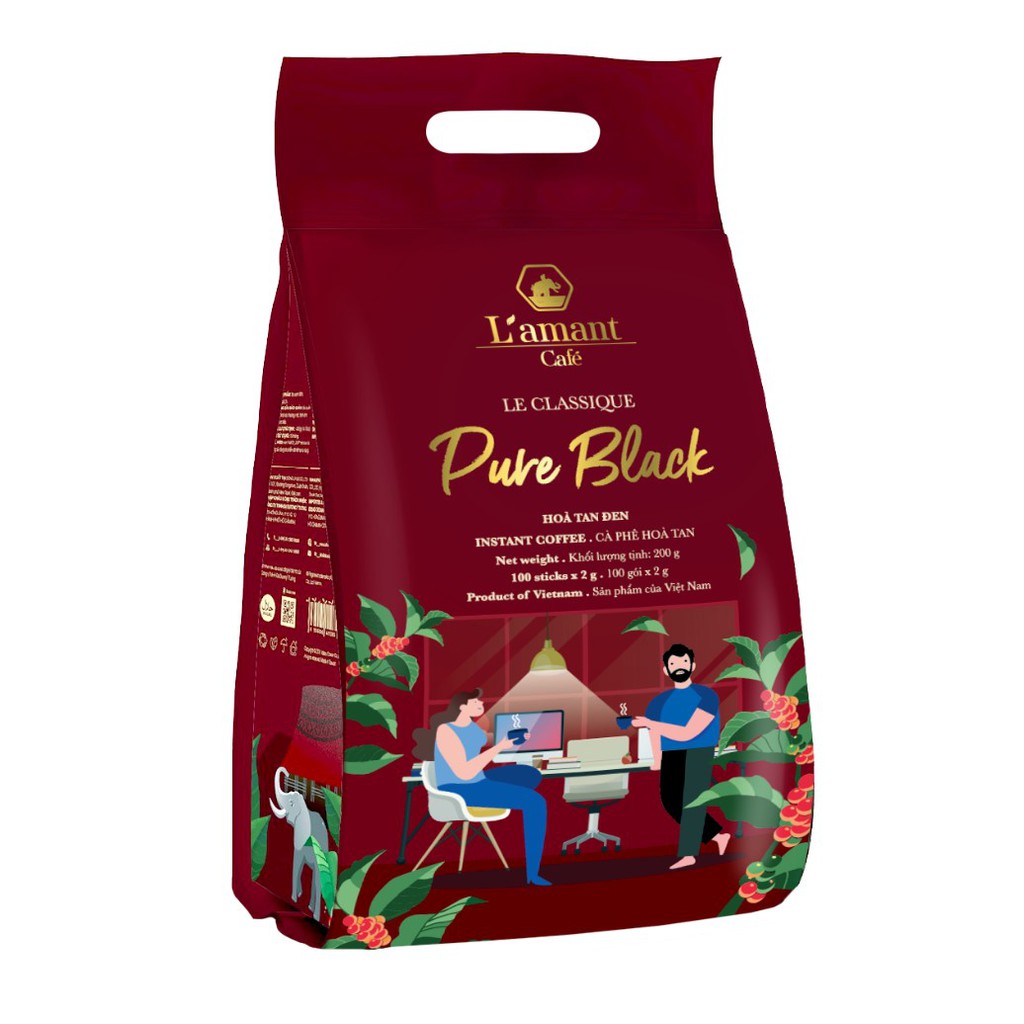 Cà phê hòa tan đen nguyên chất Pure Black (Túi 100 gói x 2gr) - L'amant Café Pure Black instant coffee