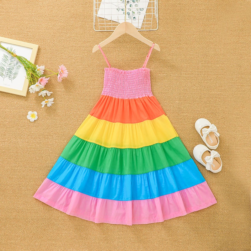 Váy bé gái 1-8 Tuổi Kiểu Công Chúa Thời Trang Mùa Hè Đầm Hai Dây Cầu Vồng Cho Bé Gái Trẻ em