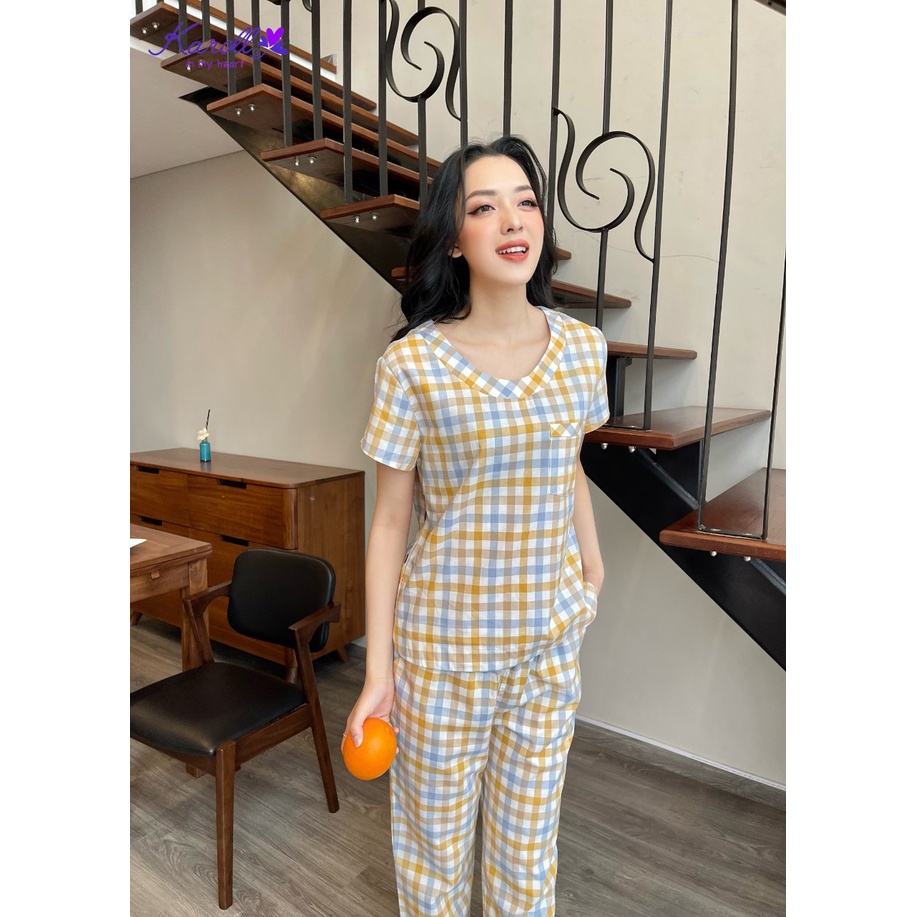Bộ đồ thô nữ mặc ngủ KAROLL. SET đồ mặc ở nhà chất thô mềm mại, nhẹ họa tiết kẻ caro hottrend dáng áo cộc quần dài