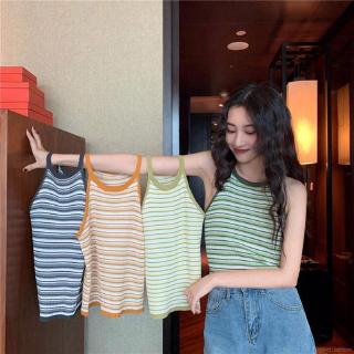 [Baywellfashion]Áo cổ yếm sát nách họa tiết sọc ngang hợp thời trang dành cho nữ