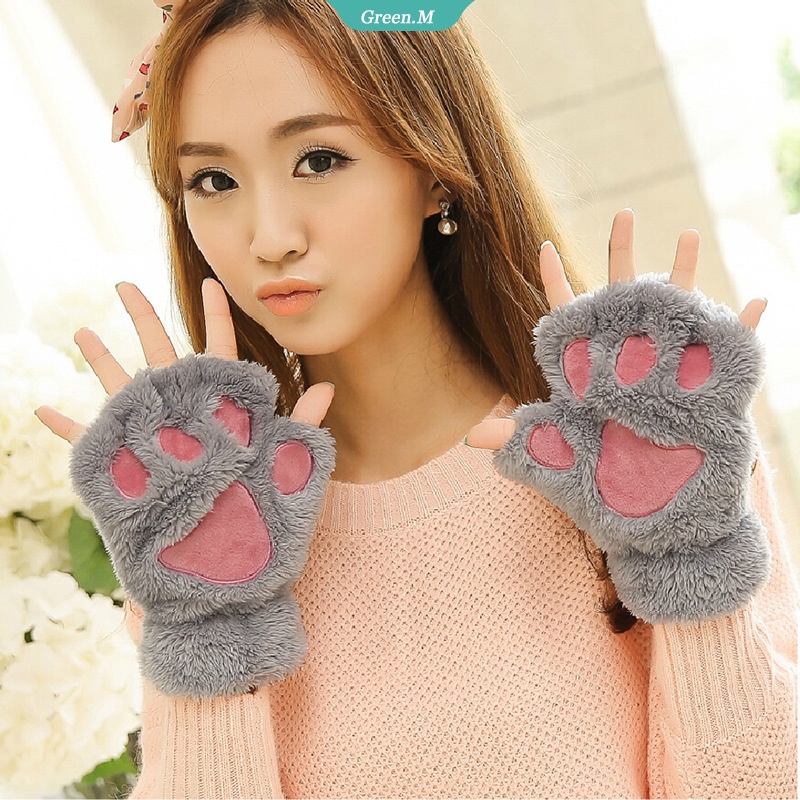 Găng Tay Hở Ngón Hình Chân Mèo Phủ Lông Mềm Mại Thời Trang Cho Nữ