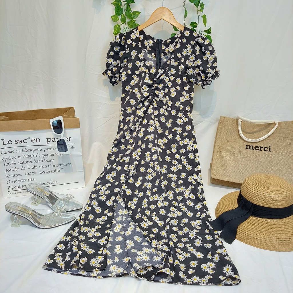 Váy hoa cúc nhí vintage xẻ tà,váy cúc họa mi xinh xắn