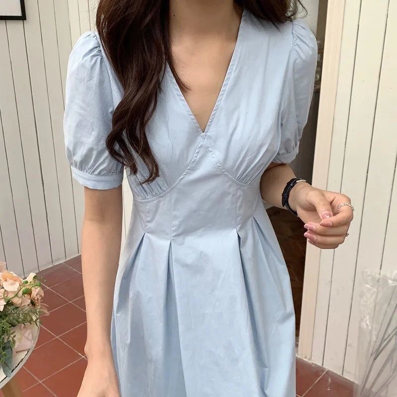 Váy nữ hè cổ V basic tone màu pastel đẹp mắt