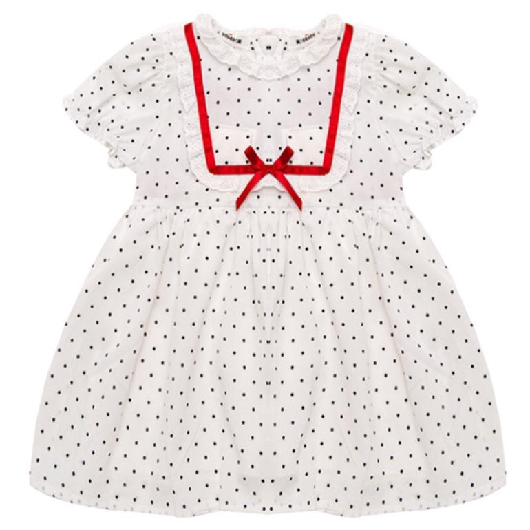 Váy bé gái hè chấm bi cổ ren đỏ