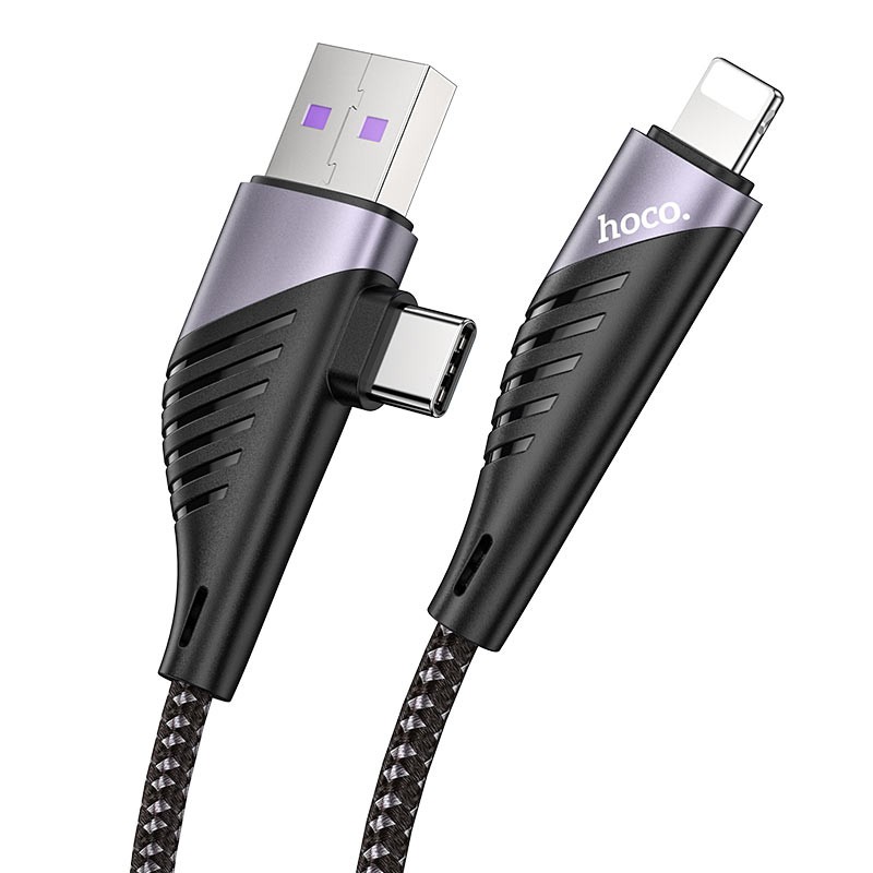 Cáp sạc 2-in-1 Hoco U95 Freeway cổng USB to Lightning 2.4A Max và Type-C to Lightning PD20W (Đen)