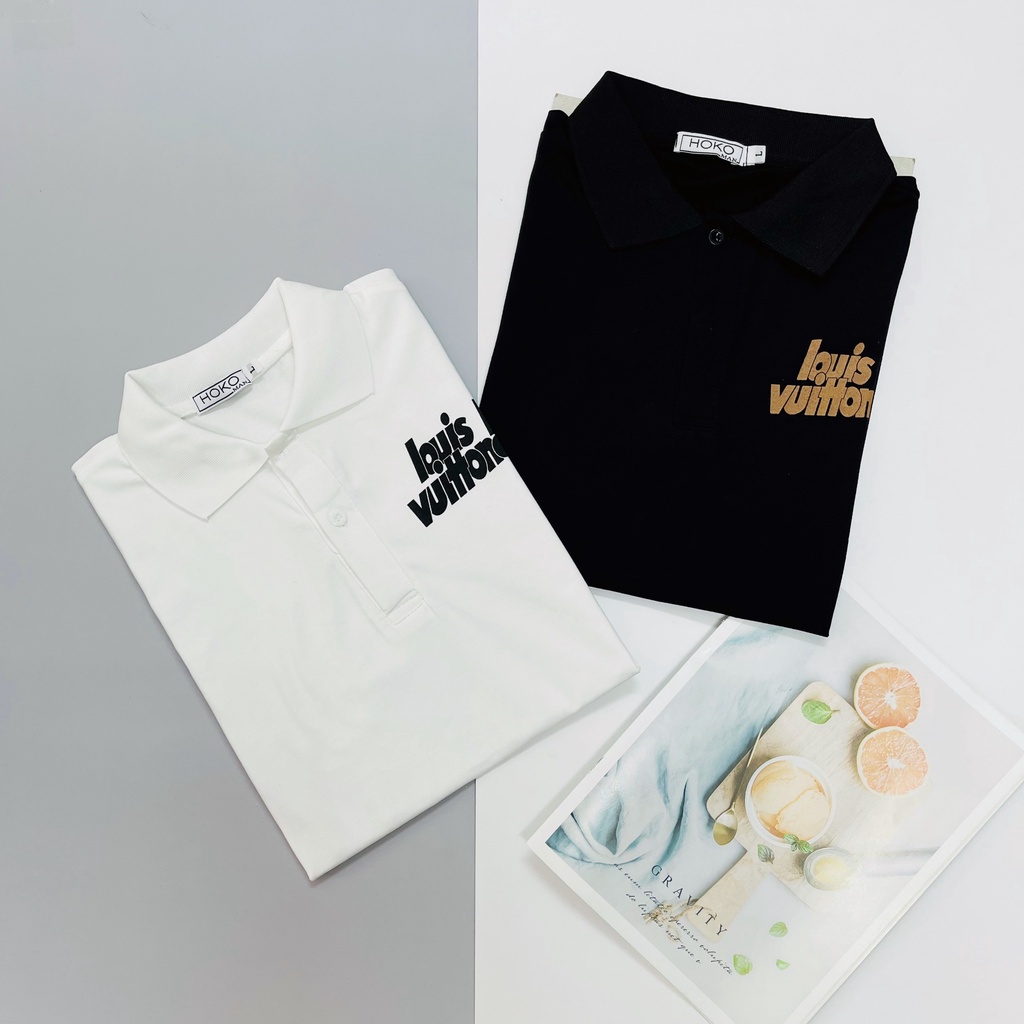 Áo thun nam nữ cổ trụ tay ngắn in ngực chữ LV in sau họa tiết gấu thời trang mùa hè hot trend 2022