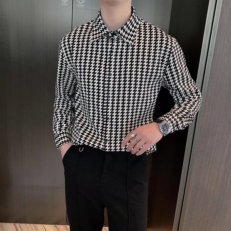 Áo Sơ Mi Nam Dài Tay Họa Tiết Caro Trắng Đen Thời Trang