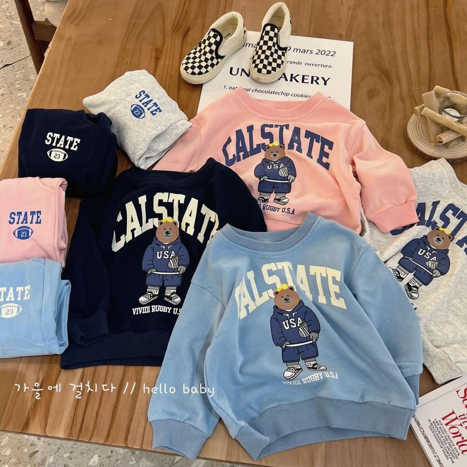 Bộ quần áo thu đông bé trai, bé gái, bộ nỉ dài tay họa tiết gấu CALSTATE cho bé