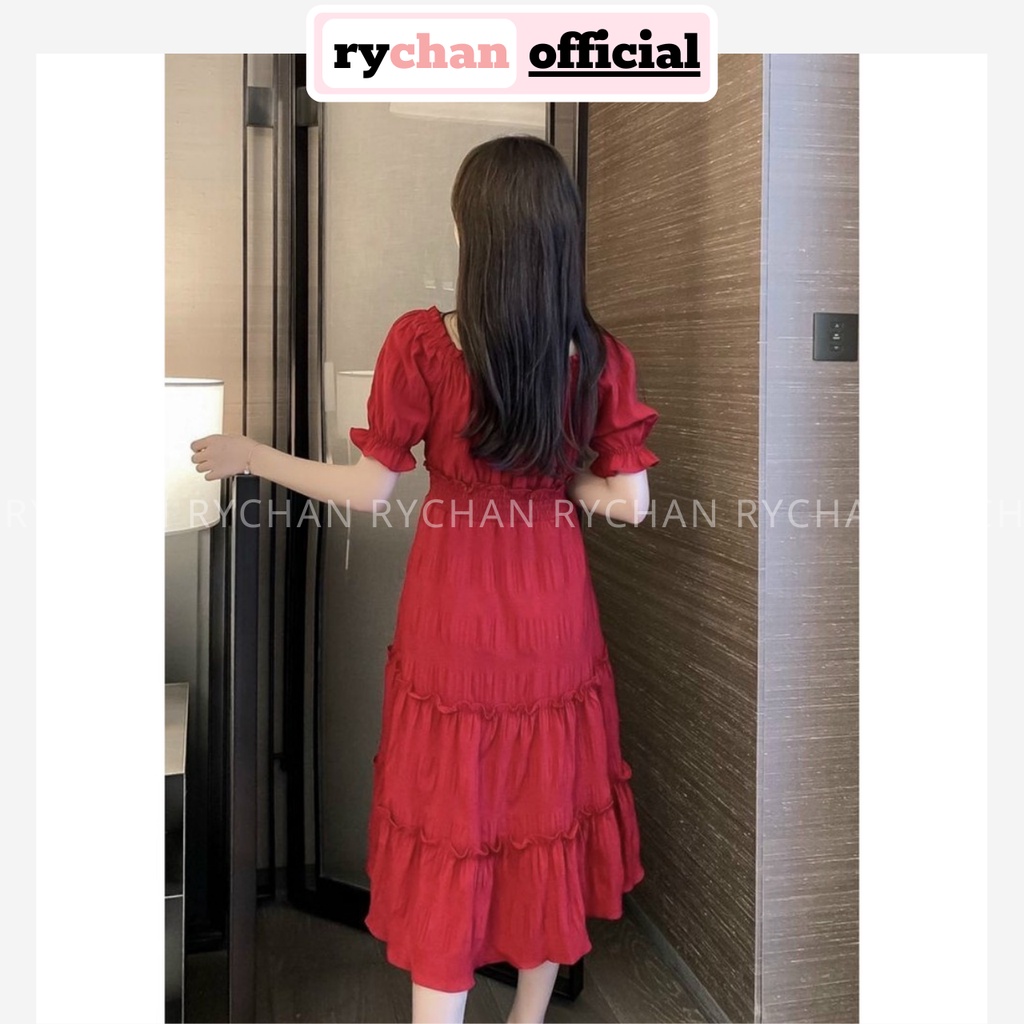 Đầm Xòe Đi Biển Midi Đỏ Trễ Vai Thắt Nơ Ngực - DX0082