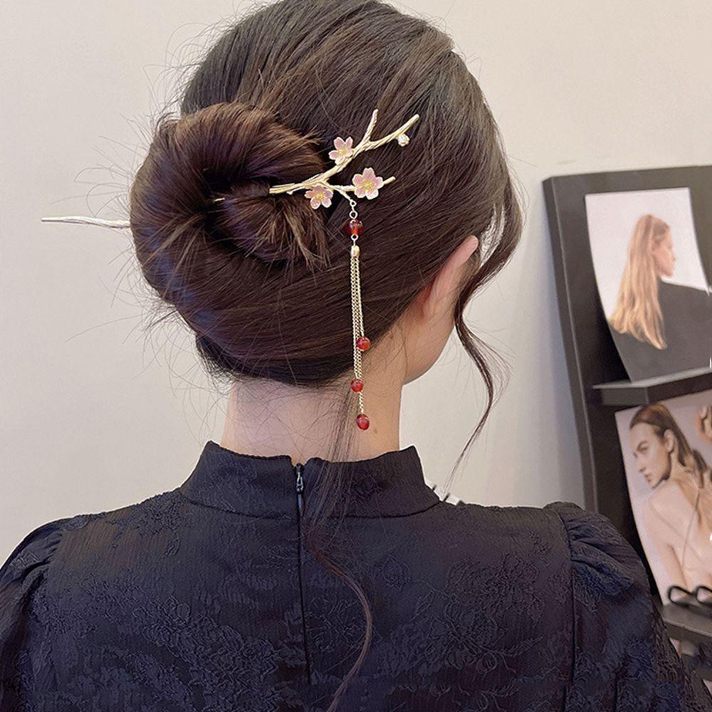 Trâm Cài Tóc 15H Bằng Kim Loại Hình Hoa Mận Phối Tua Rua Phong Cách Trung Hoa Cổ Điển Cho Nữ