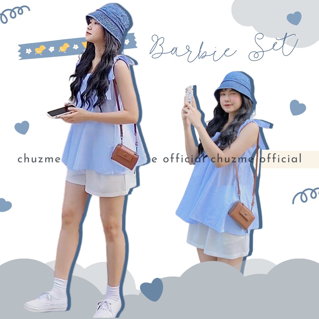 Set áo babydoll ulzzang kẻ caro xanh + Quần short trắng / Set áo xốp buộc nơ vai cực xinh