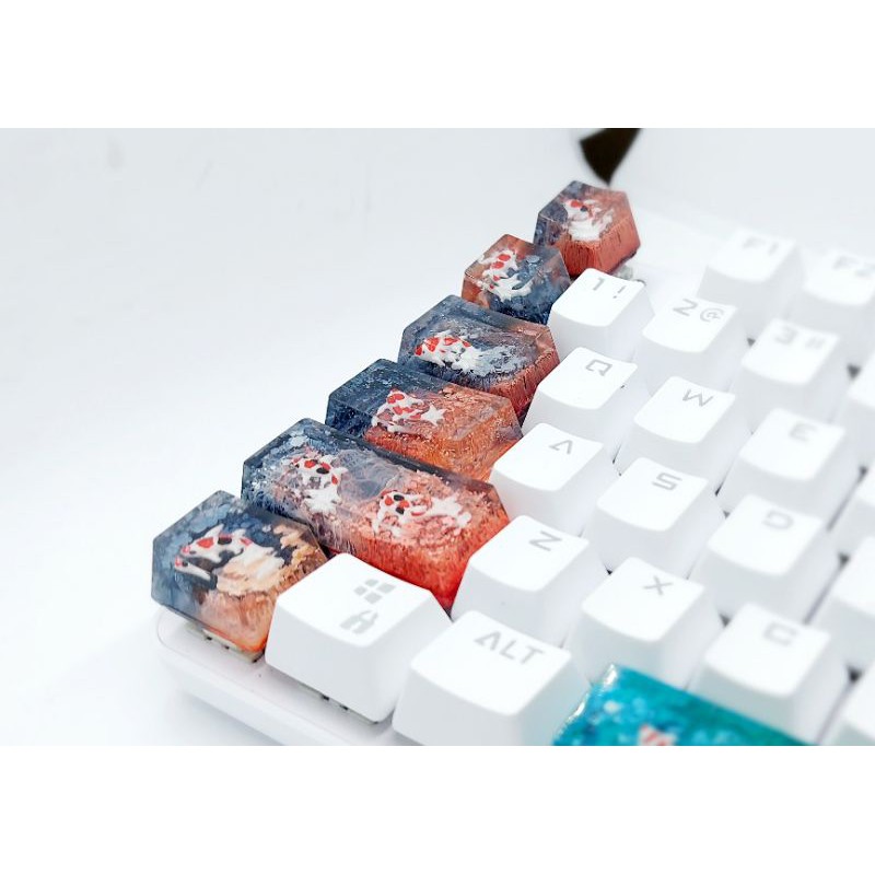 Set keycap resin cá koi tone đen đỏ trang trí bàn phím cơ gaming.