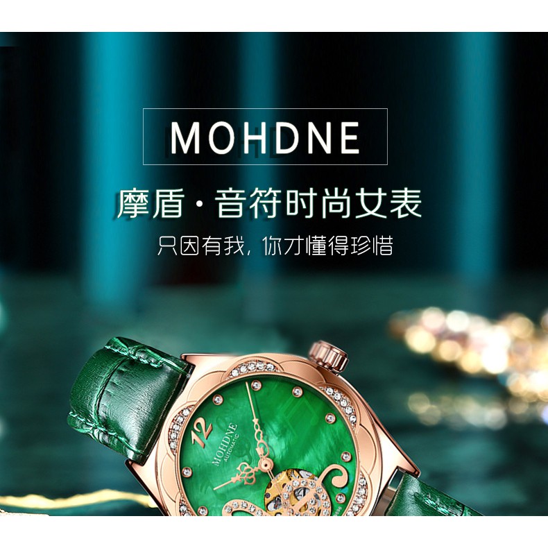 Đồng hồ nữ, đồng hồ đeo tay dây da chính hãng MOHDNE cao cấp, siêu sang, mặt tròn đính kim cương nhân tạo cực sáng bóng