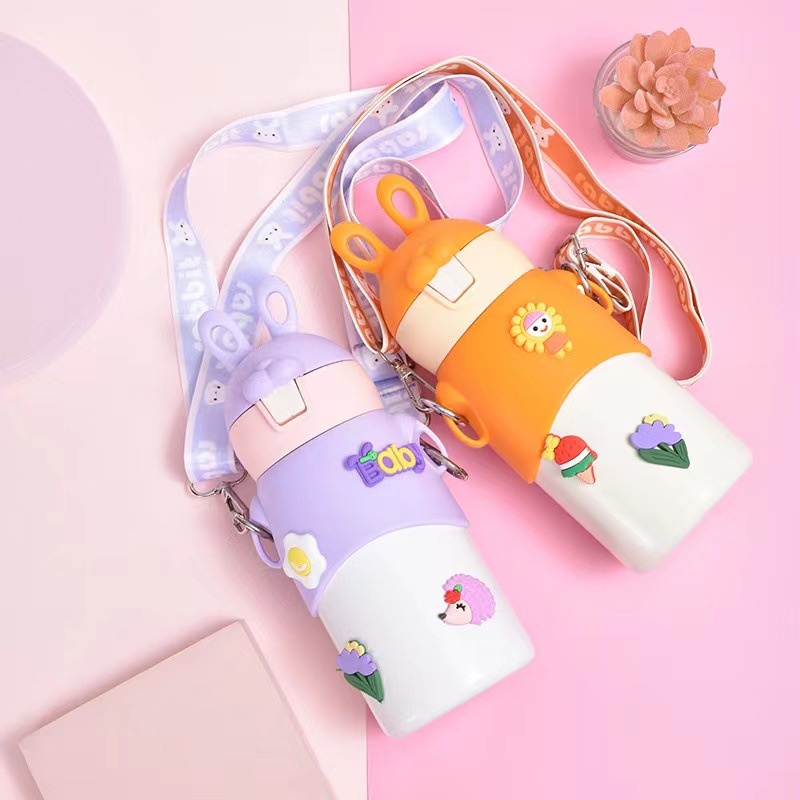 Bình Giữ Nhiệt Tai Thỏ 500ml Cao Cấp, Có Ống Hút, Dây Đeo Và Kèm Sticker Dễ Thương