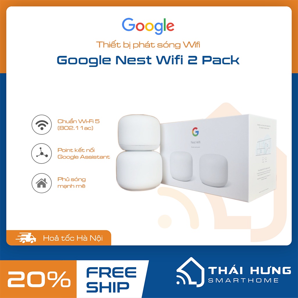 Google Nest Wifi thế hệ mới 2 pack (1 Router + 1 Point) Tích hợp trợ lý ảo Google Assistant, hàng nguyên seal - US.