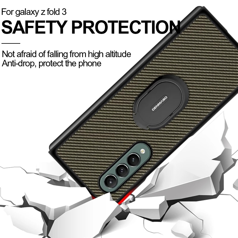 Ốp điện thoại họa tiết sợi carbon có giá đỡ xỏ ngón tay sang trọng cho Samsung Galaxy Z Fold 3